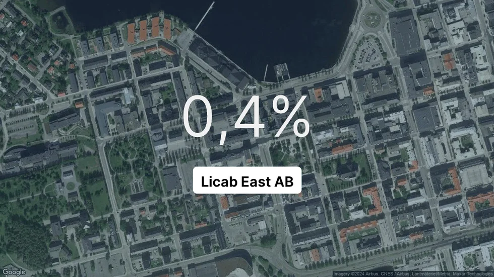 Illustrationen visar rörelsemarginalen för Licab East för det senaste året. Bakgrunden är en satellitbild över företagets adress.