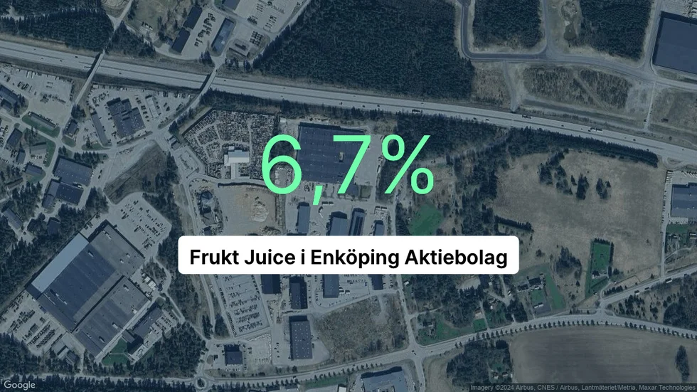 Illustrationen visar rörelsemarginalen för Frukt Juice i Enköping för det senaste året. Bakgrunden är en satellitbild över företagets adress.