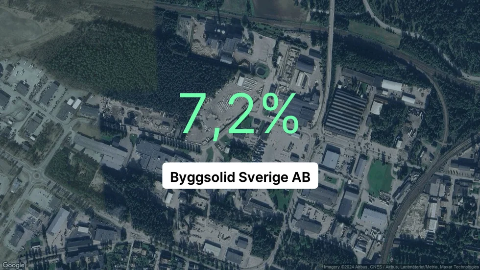 Illustrationen visar rörelsemarginalen för Byggsolid Sverige för det senaste året. Bakgrunden är en satellitbild över företagets adress.