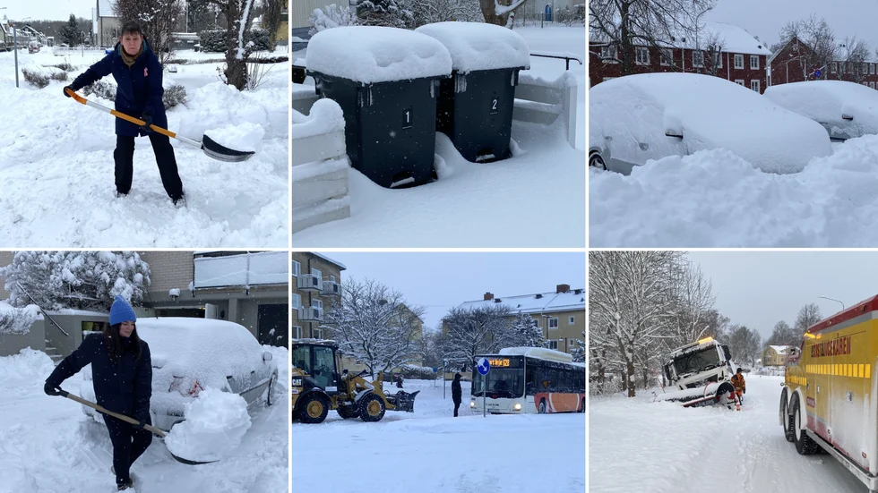 Snöoväder i Motala - igen. Eva-Lena Sölvestam kämpade med att återigen skotta fram sin bill, soptömningen fick ställas in, bilar var översnöade, Wilma Nordén hade också en garageuppfart att röja, bussar körde fast och en plogbil hamnade i diket under en händelserik onsdag.