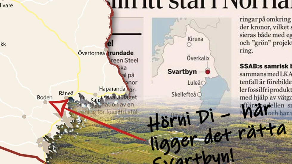 Affärstidningen Dagens industri råkade sätta den planerade jättefabriken i Svartbyn utanför Överkalix istället för Norra Svartbyn i Boden.