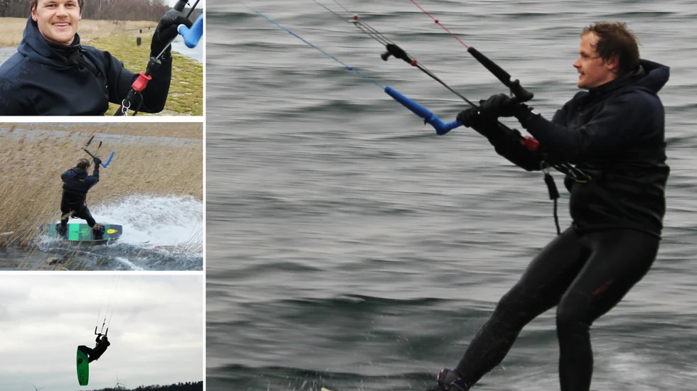 Niclas Högberg från Linköping älskar kitesurfing. Så mycket att han i februari trotsade kylan och det gråmulna och tar sig till Boren för att få en chans att testa brädan och kiten.  