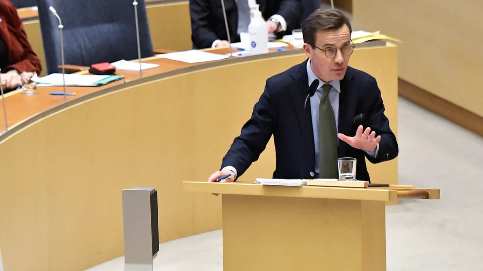 Moderaternas partiledare Ulf Kristersson (M) vid en partiledardebatt i riksdagen.