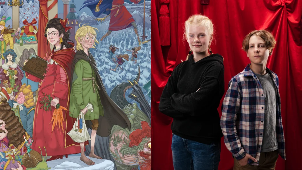 Illustration av Emil Maxén från boken "Knäckarbanketten" bredvid Frida Mankert och Mio Ollinen som spelar huvudrollerna i Barnradions julkalender. Pressbild.