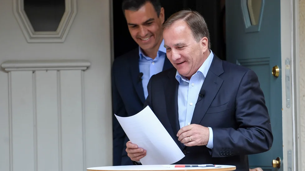 Statsminister Stefan Löfven och Spaniens premiärminister Pedro Sànchez vid ett möte i Sverige i somras. Arkivbild.