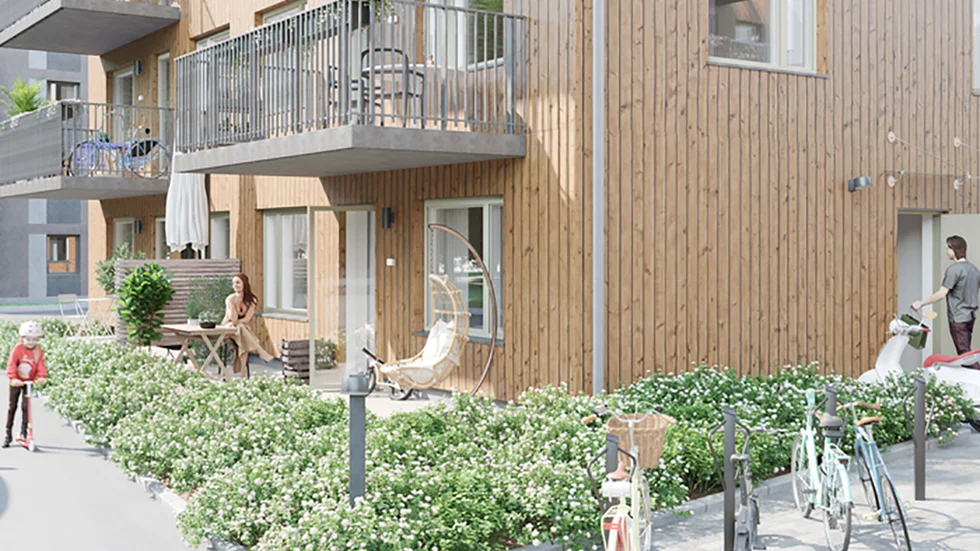 I bostadsrättsföreningen Nästet, strax intill Fyrisån, ingår solcellsenergi, elbilspool och odlingsmöjligheter i avgiften.