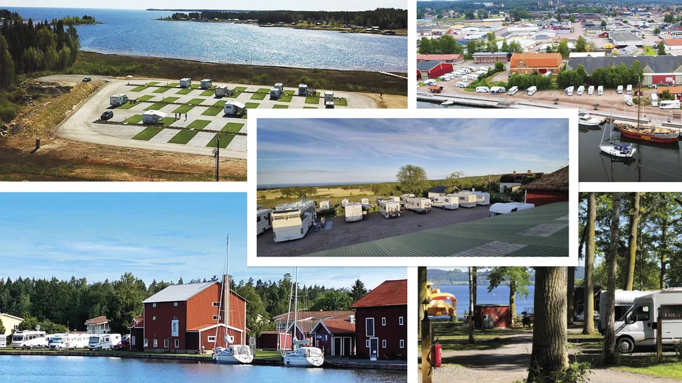 Jävre ställplats, längst upp till vänster, är en av fem nominerade till Årets ställplats 2020 av tidningen Husbil & husvagn.