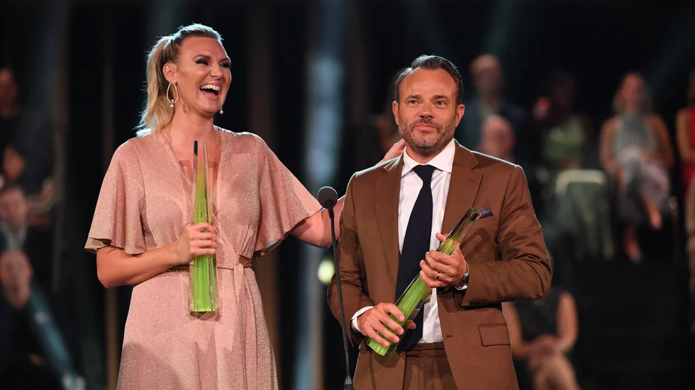 Sanna Nielsen och David Hellenius blev årets kvinnliga respektive manliga programledare på Kristallen 2019. Arkivbild.
