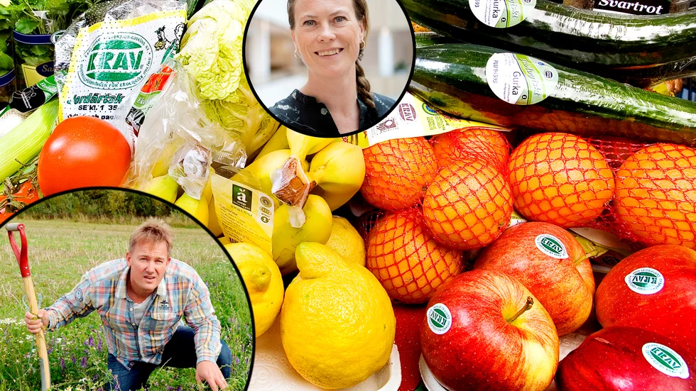 "Försäljningen av ekologiska livsmedel minskar nu för första gången på tolv år", säger Olle Ryegård, chefsanalytiker på Ekoweb. På bild även Emelie Hansson, hållbarhetsstrateg på Ica Sverige