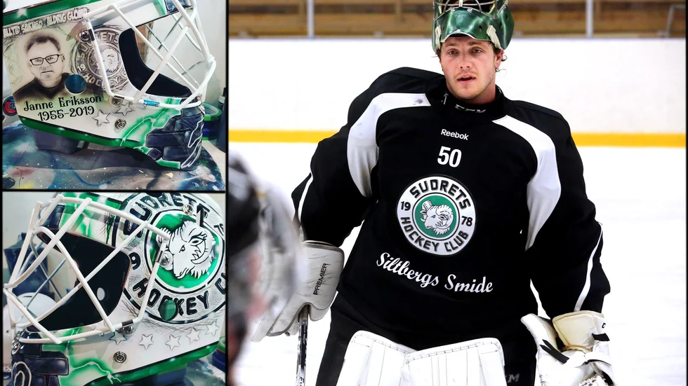 Andreas Hansson med sin nya målvaktsmask där han hyllar Janne Eriksson.