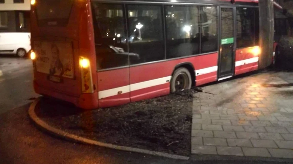 En buss körde sent på nyårsnatten fel och hamnade i ett träd nära en husvägg i centrala Uppsala.