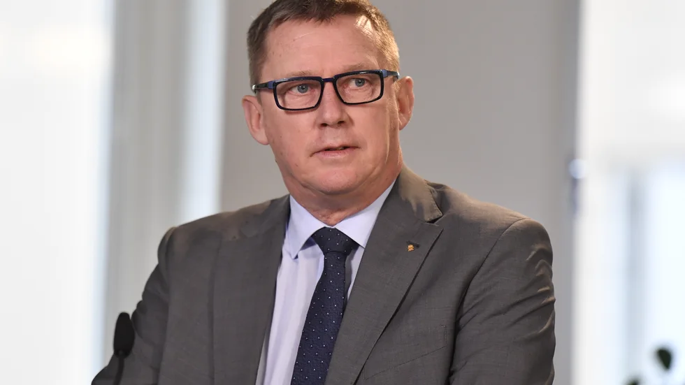 Klas Friberg, säkerhetspolischef, talar under Folk och försvars digital rikskonferens i Stockholm.