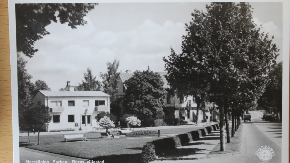 Norrköping. Parken, Borgs villastad, står tryckt på det här gamla vykortet och vyn ser ungefär likadan ut fortfarande.