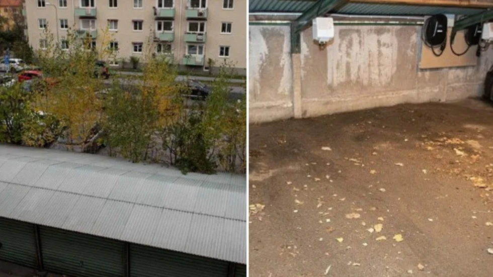 Till vänster: Träden sträcker sig längs med Uppsala kommuns parkering som gränsar mot baksidan av HSB 45 Barkens kallgarage. Till höger: Ojämnheter i garagegolvet orsakade av trädrötter.  
