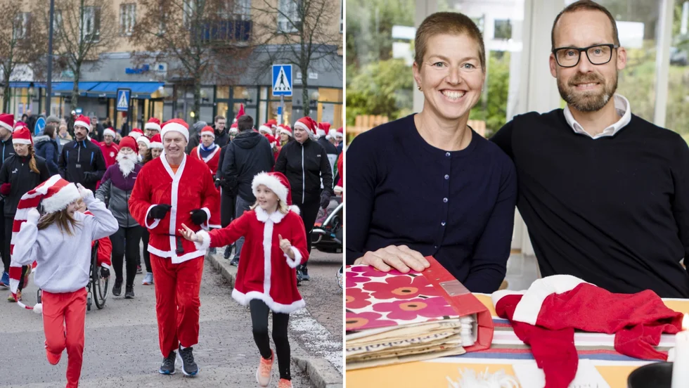 Så här såg det ut julen 2019 när Tomtejoggen anordnades. I år kommer varje familj att få springa var för sig och det blir ingen gemensam start. Arrangörsparet Lisa och Björn Sund fått tänka om för att kunna genomföra årets Tomtejoggen.
