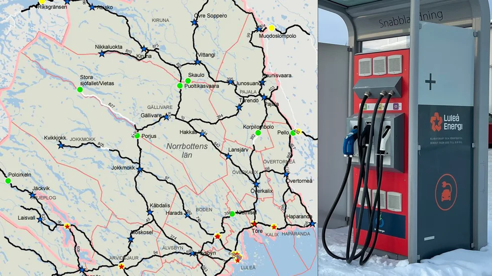 De gröna prickarna på Trafikverkets karta visar platserna som saknar snabbladdning efter de tre utlysningarna.