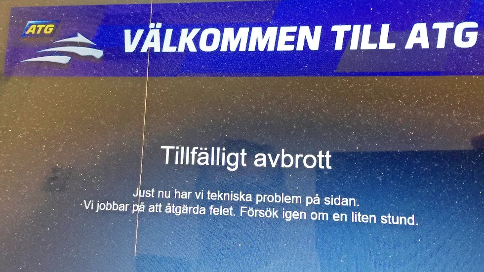 Tekniska problem. Så såg det ut på ATG:s sajt stora delar av lördagen. Foto: Torbjörn Enmark