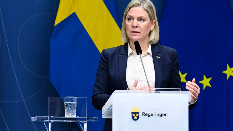 Statsminister Magadalena Andersson (S) på söndagens pressträff. 