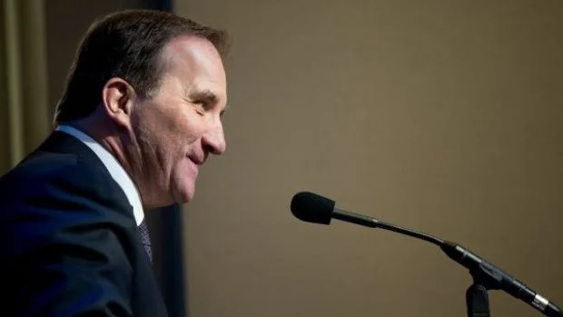 Sweden Prime Minister Stefan Löfven speaks at the Brookings Institution in Washington, Tuesday, March 31, 2015. (AP Photo/Andrew Harnik)