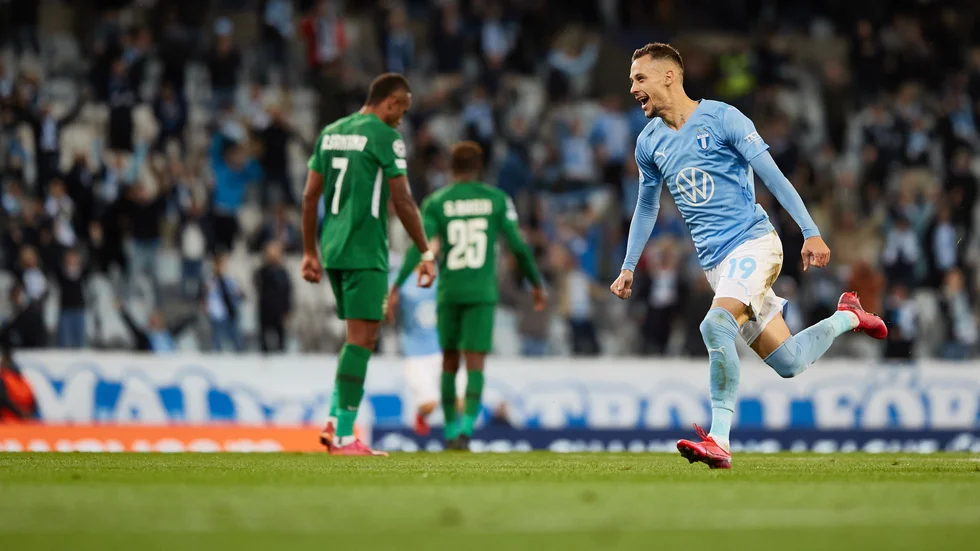 Malmö FF:S Veljko Birmancevic jublar efter sitt mål mot Ludogorets i onsdagskvällens playoff-möte till Champions League. Serben har nu gjort nio mål för MFF i Europa och i allsvenskan.