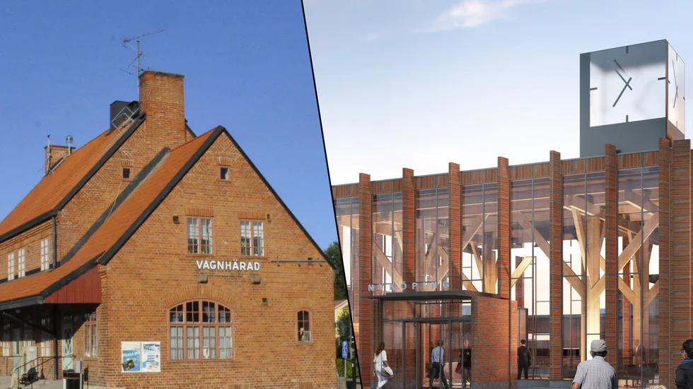 De gamla järnvägsstationerna ersätts av moderna resecentrum i allt raskare takt. Med vad är egentligen skillnaden? På bild Vagnhärads station och en arkitektskiss av Nyköpings kommande resecentrum.
