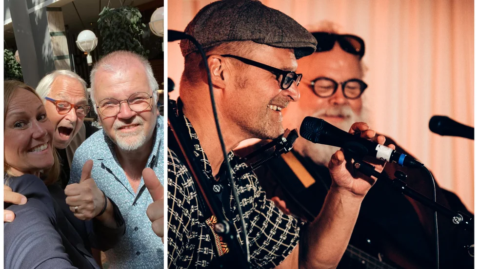 Arrangörerna Stina Porsgaard, Ulf Lennström och Ulf Ebegård planerar för en omstart i höst. Till höger Mats Molin och Magnus Sjögren i ett framträdande på Open stage våren 2017.