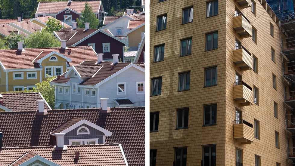 Att småhus byggs i trä är betydligt vanligare än att flerbostadshus byggs så. I Hagastaden i Stockholm finns Cederhusen som är i massivt trä och det största trähusprojektet i innerstadsmiljö i världen.