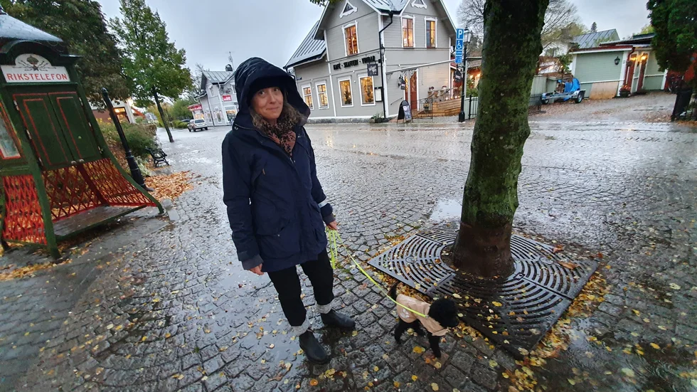 Anna Barabas trotsar höstrusket i Trosa för att rasta hunden Pepsi. För henne är höstmörkret inte något bekymmer. "Man kan vara hemma med tända ljus och läsa böcker eller titta på tv.” säger hon. 
