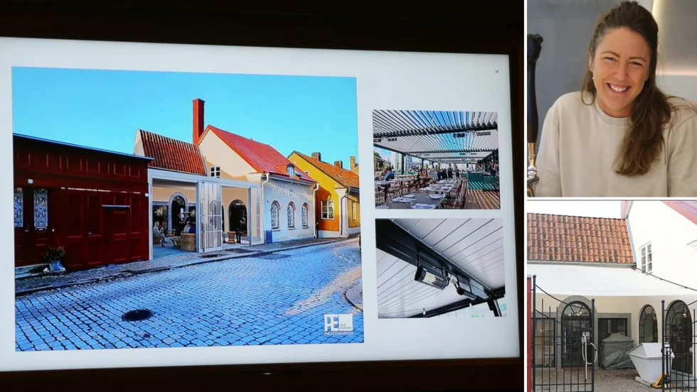 Fotomontaget till vänster visar hur uterummet är tänkt att se ut. Till höger Vendela Jansson och hur gården ser ut i dag.
