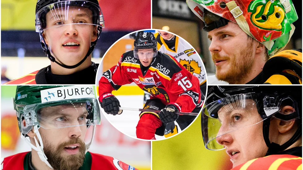 Noel Gunler från Luleå spelar i Brynäs, Christoffer Rifalk från Kalix spelar i Rögle, Andes Grönlund från Piteå tillhör Frölunda, Daniel Mannberg från Boden spelar med Brynäs och Carl Mattsson (mitten) från Luleå tillhör Luleå Hockey. 
