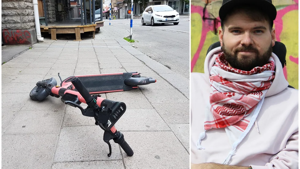 Tobias Holmberg (V) är själv rörelsehindrad och vet hur svårt det är att ta sig fram när elsparkcyklar ligger slängda överallt.

