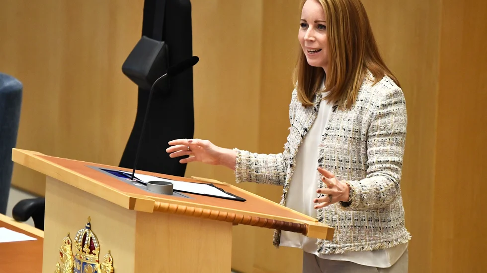 Centerpartiets partiledare Annie Lööf (C) under partiledardebatten i riksdagen.
