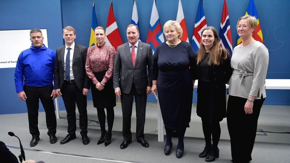 Grönlands landsstyreformand Kim Kielsen, Färöarnas lagman Bárður á Steig Nielsen, Danmark statsminister Mette Frederiksen, Sveriges statsminister Stefan Löfven, Norges statsminister Erna Solberg, Islands statsminister Katrín Jakobsdóttir, och Ålands vice lantråd Camilla Gunnel.