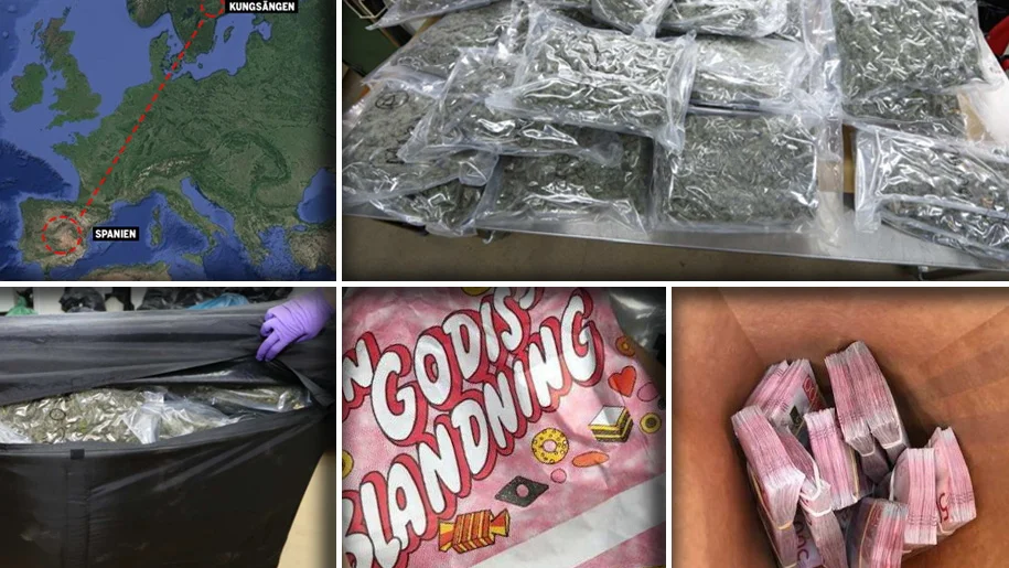En infiltratör från polisen hämtade en halv miljon kronor i  en butik i Uppsala, sedan 388 kilo cannabis fraktats från Spanien till norra Stockholm. Bilden är ett montage.