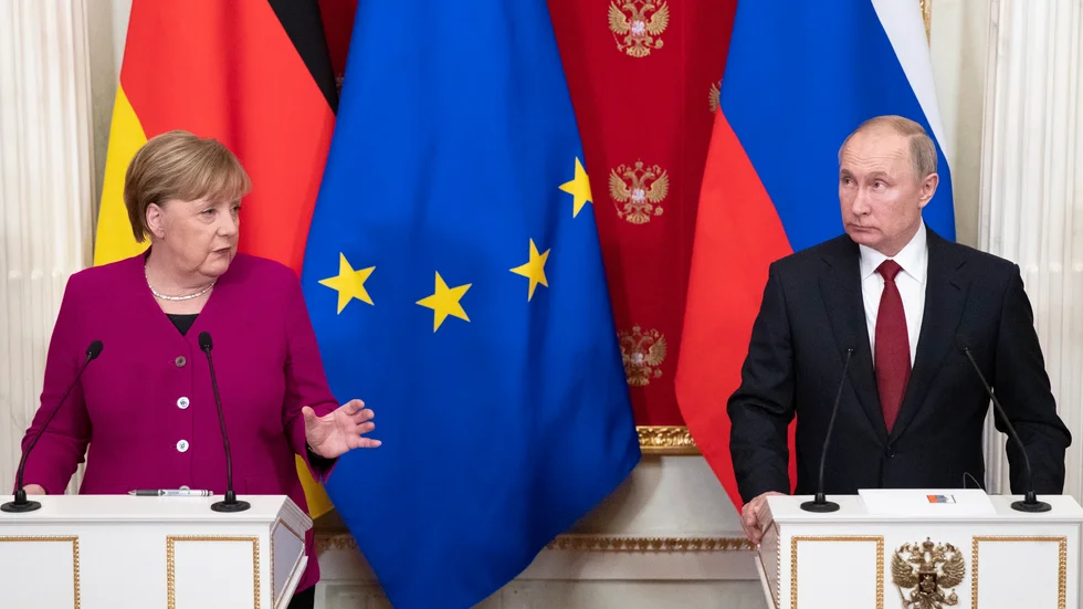 Tysklands förbundskansler Angela Merkel och Rysslands president Vladimir Putin efter deras möte i Moskva i januari 2020.