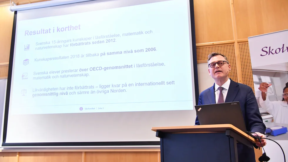 Den senaste Pisamätningen redovisades i december 2019 av bland andra Skolverkets generaldirektör Peter Fredriksson (bilden).