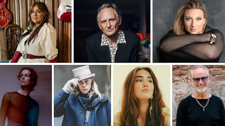 Här är duettpartners till idolerna när temat är ”Duetter”. Fredagsfinal sex Idol 2023. Linnea Henriksson, Orup, Caspar Camitz, Isak Danielsson, Olivia Lobato, Sarah Dawn Finer och Uno Svenningsso.