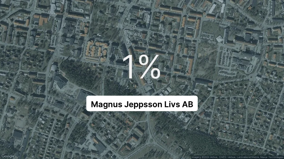 Illustrationen visar rörelsemarginalen för Magnus Jeppsson Livs för det senaste året. Bakgrunden är en satellitbild över företagets adress.