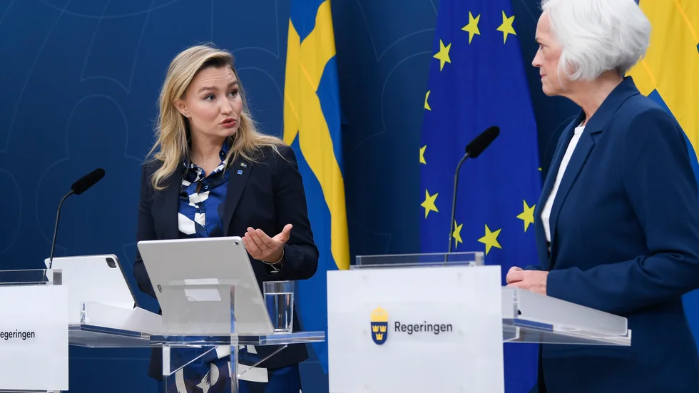 Energi- och näringsminister Ebba Busch (KD) och sjukvårdsminister Acko Ankarberg Johansson (KD) på en pressträff tidigare i veckan. Arkivbild.