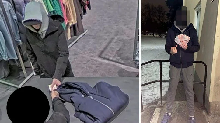 Den morddömde pojken köper en jacka (vänster) med pengarna han fått som betalning för mordet på en 15-åring i Skogås tre dagar tidigare. På bilden till höger poserar pojken med samma pengar. Bilder från polisens förundersökning.