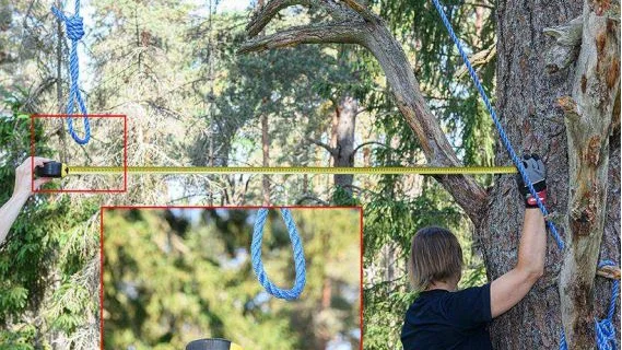 Fotodokumentation där avståndet mellan trädstam och hängsnara mäts. Bilden togs i samband med den filmade rekonstruktionen, provhängningen.