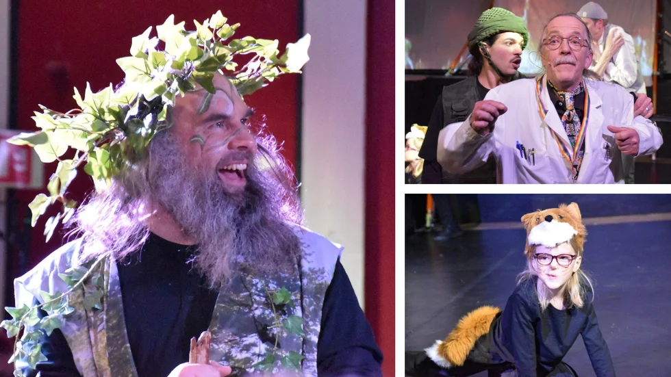 Det sociala scenkonst- och omställningsprojektet "Kairos - nu är den rätta tiden" gästar Shakespearefabriken utanför Vadstena med föreställningen "Den stora kärleken" den 16:e och 17:e september. På bilden till vänster Martin Björnsson, överst till höger Yaman Shamout och Christer Penton, nederst till höger Ingeborg Gruffman.