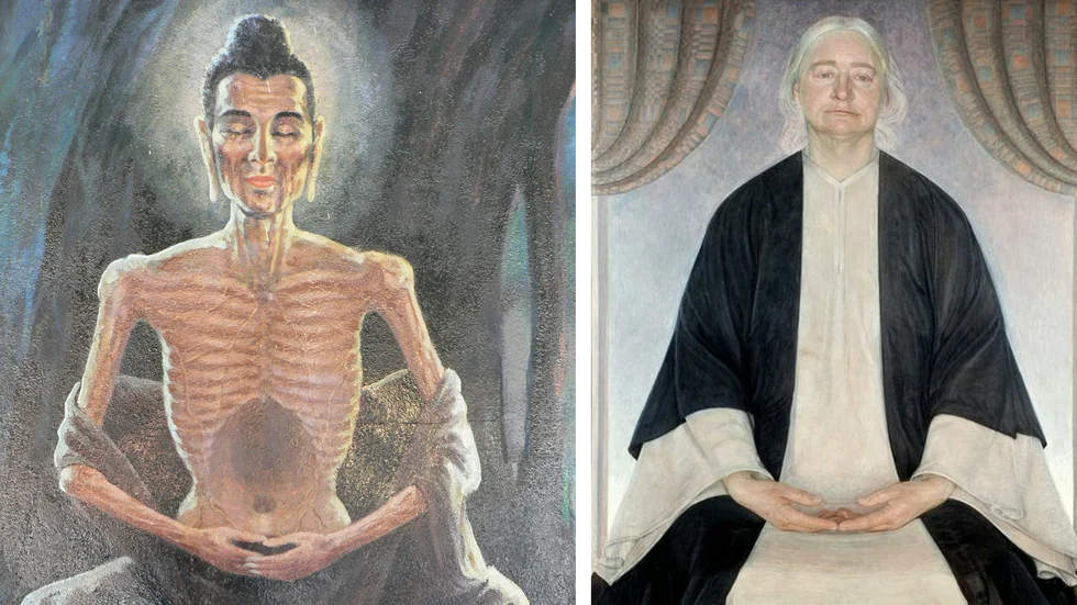 1.Buddha, grundaren av buddhismen, under sträng askes. Målning från Myanmar av okänd konstnär. 2. "Författaren Ellen Key", målning av Ejnar Nielsen från 1908. 