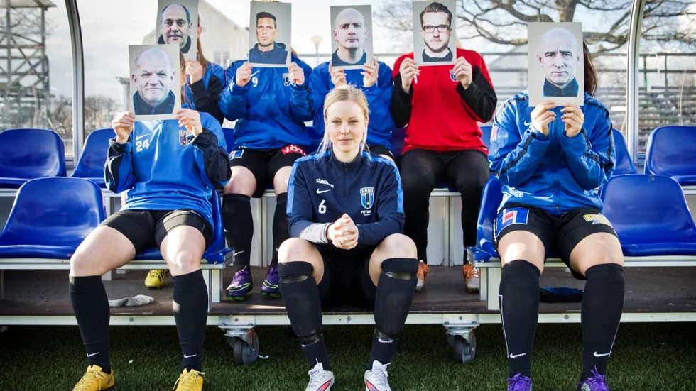 Tränarkarusell. Mikaela Björklund omgiven av bilder på tidigare och nuvarande tränare. Övre raden från vänster: Torbjörn Strandberg, Fredrik Bernhardsson, Karl Fremdling, Olof Unogård. Nedre raden: Mats Wolgers, David Olingdahl.
