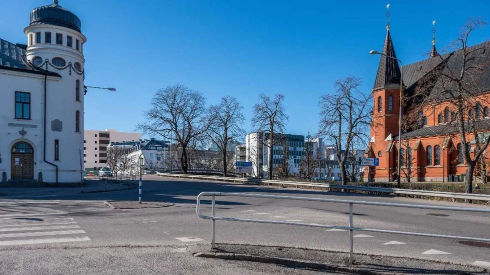 Utbyggnadsplan för Västerviks sjukhus. Vy när nya psykiatribyggnaden är klar: från Södra Järnvägsgatan/Esplanaden mot sjukhuset 