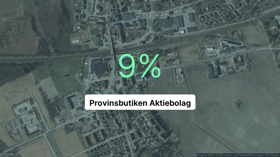 Illustrationen visar rörelsemarginalen för Provinsbutiken för det senaste året. Bakgrunden är en satellitbild över företagets adress.