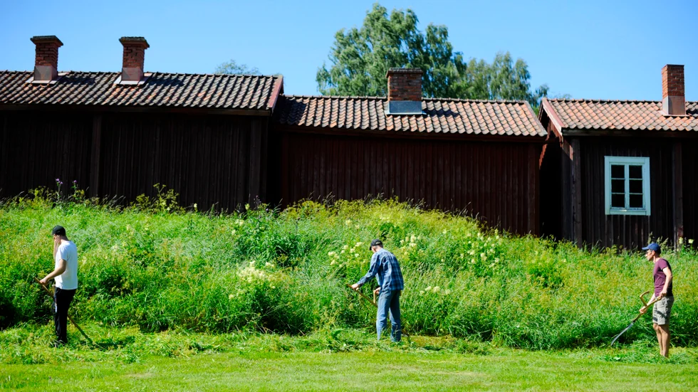 Deltagarna på kursen övar på att slå i slänten och uppmanas att hålla tre meter avstånd till varandra, för säkerhets skull.