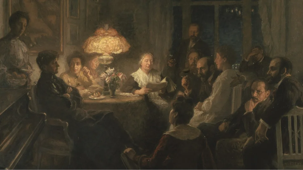Ellen Key läser omgiven av sina vänner Georg Pauli, Betty Hirsch, Olga Björkegren, Lisen Bonnier, Nanna Bendixson, Karl Otto Bonnier, Richard Bergh, Gerda Ingeborg Winkrans, Klas Fåhraeus och Arthur Bendixon. Målning av Hanna Pauli från 1907. 