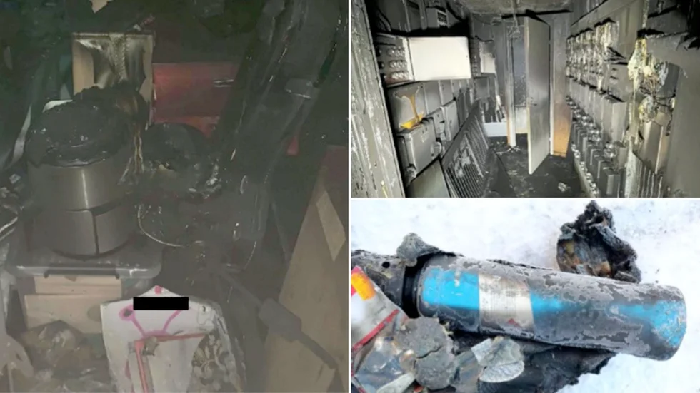 Facit av den misstänkta mordbranden. Räddningstjänstens rökfyllda bild till vänster visar följden av den anlagda branden. En 36-åring stod nyligen inför rätta vid Skellefteå tingsrätt för mordbrand. Åklagaren menar att 36-åringen startade branden med hjälp av en gasolbrännare (bilden) i ex-flickvännens källlarförråd. Mannen förnekar brott.