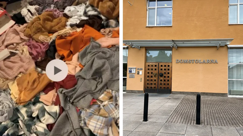 Den 27-åriga kvinnan filmade, enligt åklagaren, de kläder hon stulit från sin väninna. (Bilden till vänster är hämtad ur förundersökningen.) 
